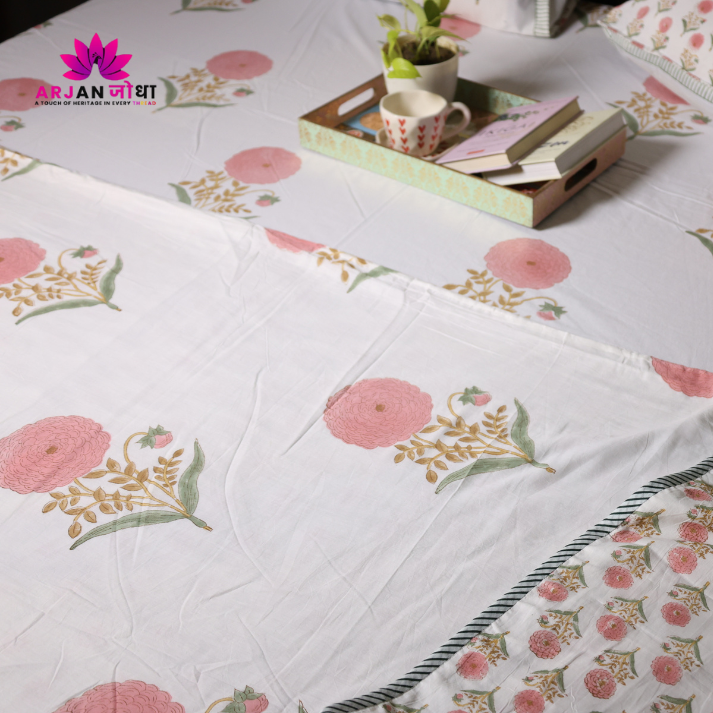 White & Pink Floral Buta Hand Block Cotton Mulmul Reversible Dohar with King Size Bed Sheet +Pillow Cover Combo