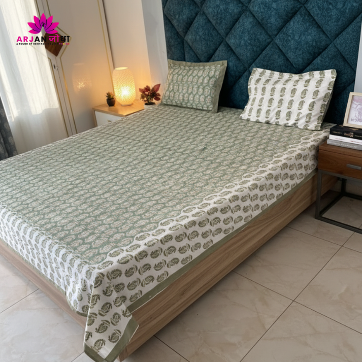 Sage Mughal Bloom Bed Sheet Cotton Bedsheet with Pillow Covers – Double Bed Sheet