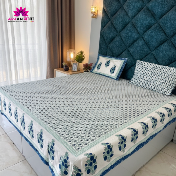 Blue Blossom Hand Block Cotton Bed Sheet Bedsheet with Pillow Covers – Double Bed Sheet