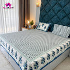 Blue Blossom Hand Block Cotton Bed Sheet Bedsheet with Pillow Covers – Double Bed Sheet