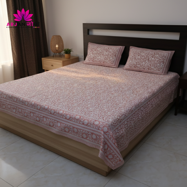 Soft Pink Floral Print Cotton Bedsheet with Pillow Covers – Double Bed Sheet