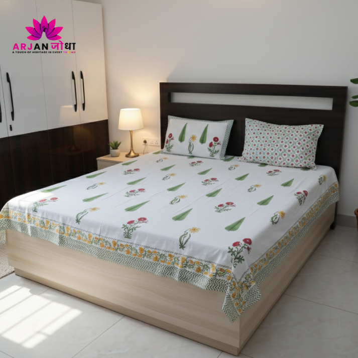 White & Green Cypress Floral Hand Block Cotton Bed Sheet with Pillow Covers – Queen/King Size