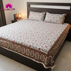White & Pink Floral Vine Hand Block Cotton Bed Sheet with Pillow Covers – Queen/King Size