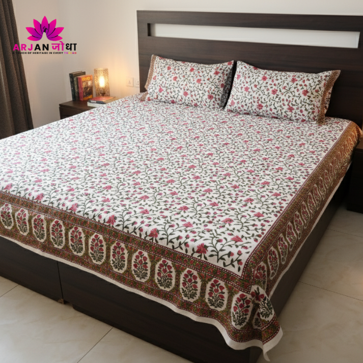 White & Pink Floral Vine Hand Block Cotton Bed Sheet with Pillow Covers – Queen/King Size