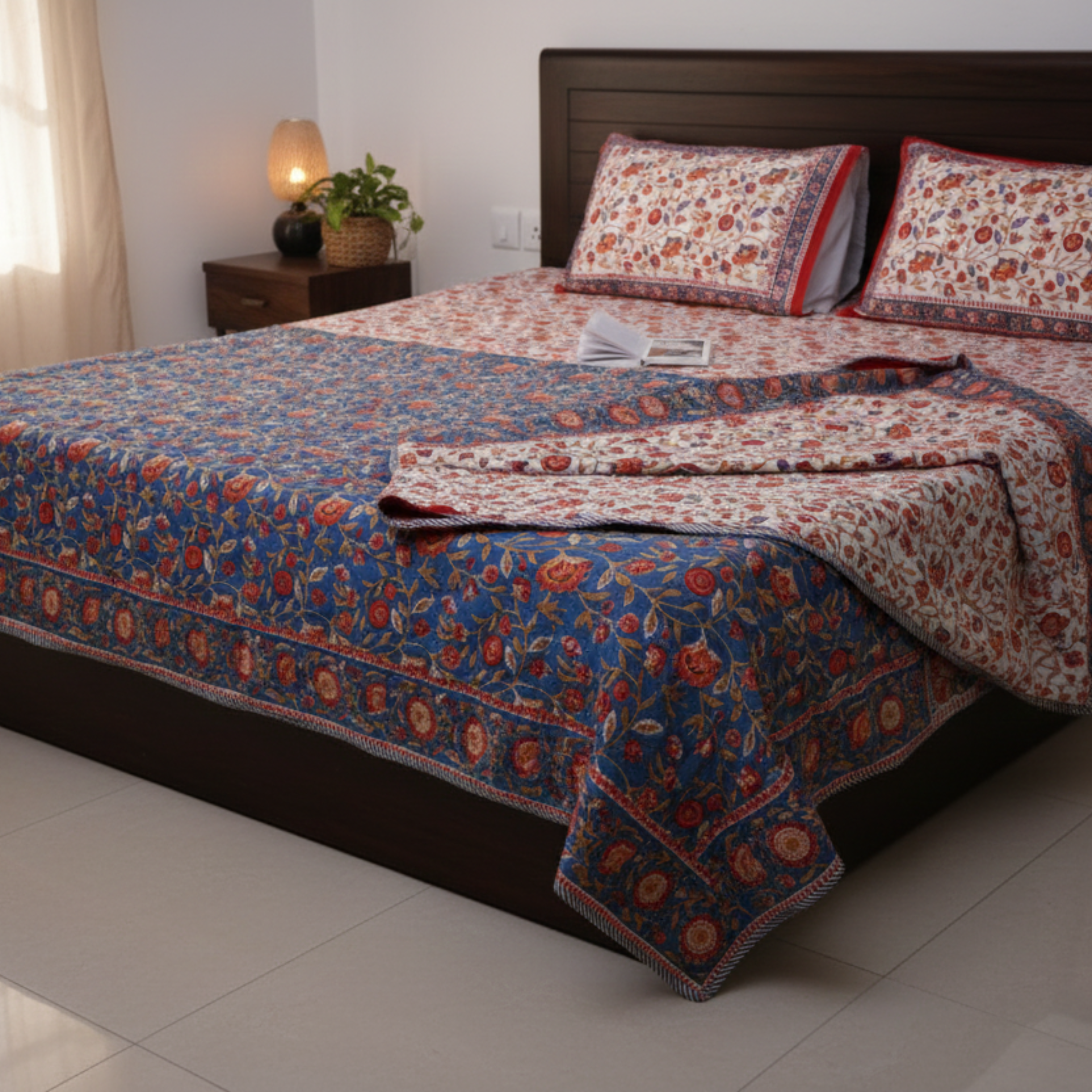 Pink Vine & Mint Green Floral Hand Block Cotton Mulmul Reversible Dohar