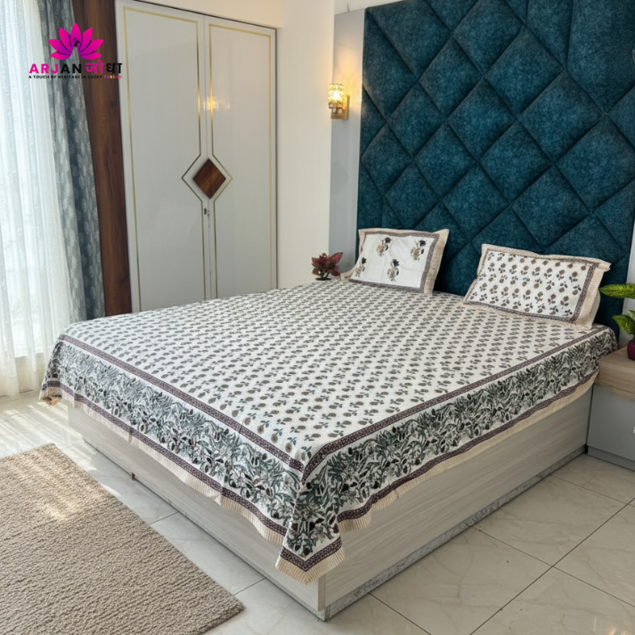 Indigo Floral Symphony Cotton Bed Sheet Bedsheet With Pillow Covers – Double Bed Sheet