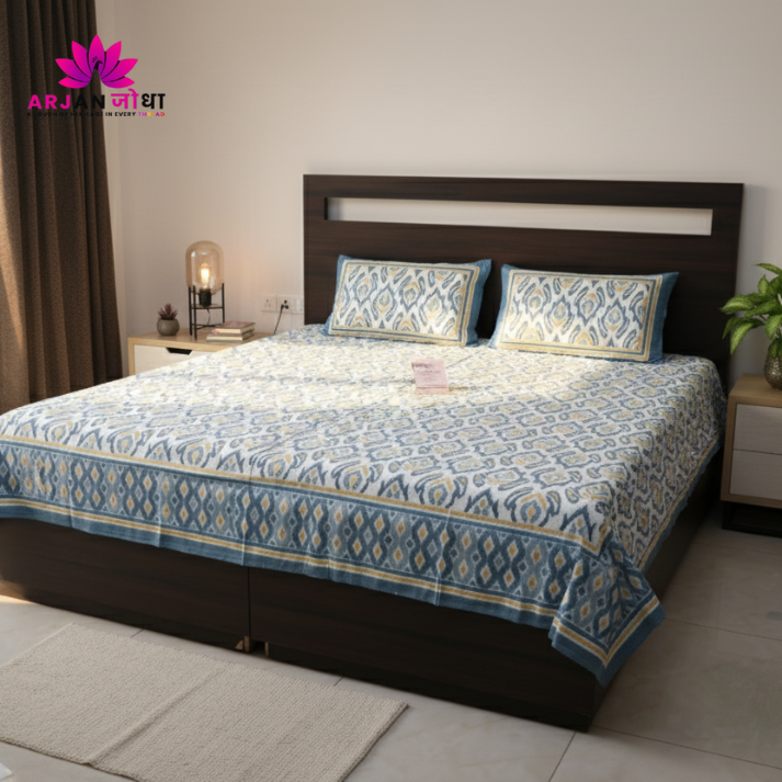 White & Blue-Mustard Ikat Cotton Bed Sheet with Pillow Covers –Double Bed Sheet