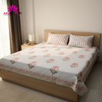 White & Pink Floral Buta Hand Block Cotton Bed Sheet with Pillow Covers – Queen/King Size