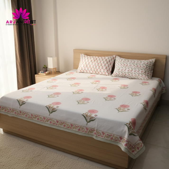 White & Pink Floral Buta Hand Block Cotton Bed Sheet with Pillow Covers – Queen/King Size