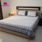 White & Indigo Paisley Hand Block Cotton Bed Sheet with Pillow Covers – Queen/King Size