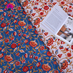 Red & Blue Floral Vine Hand Block Cotton Mulmul Reversible Dohar Double Bed with King Size Bed Sheet +Pillow Cover Combo