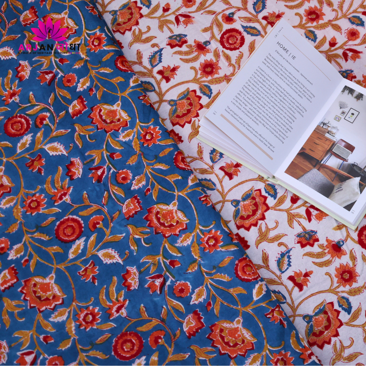 Pink Vine & Mint Green Floral Hand Block Cotton Mulmul Reversible Dohar