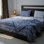 White & Indigo Paisley Floral Hand Block Cotton Mulmul Reversible Dohar Double Bed