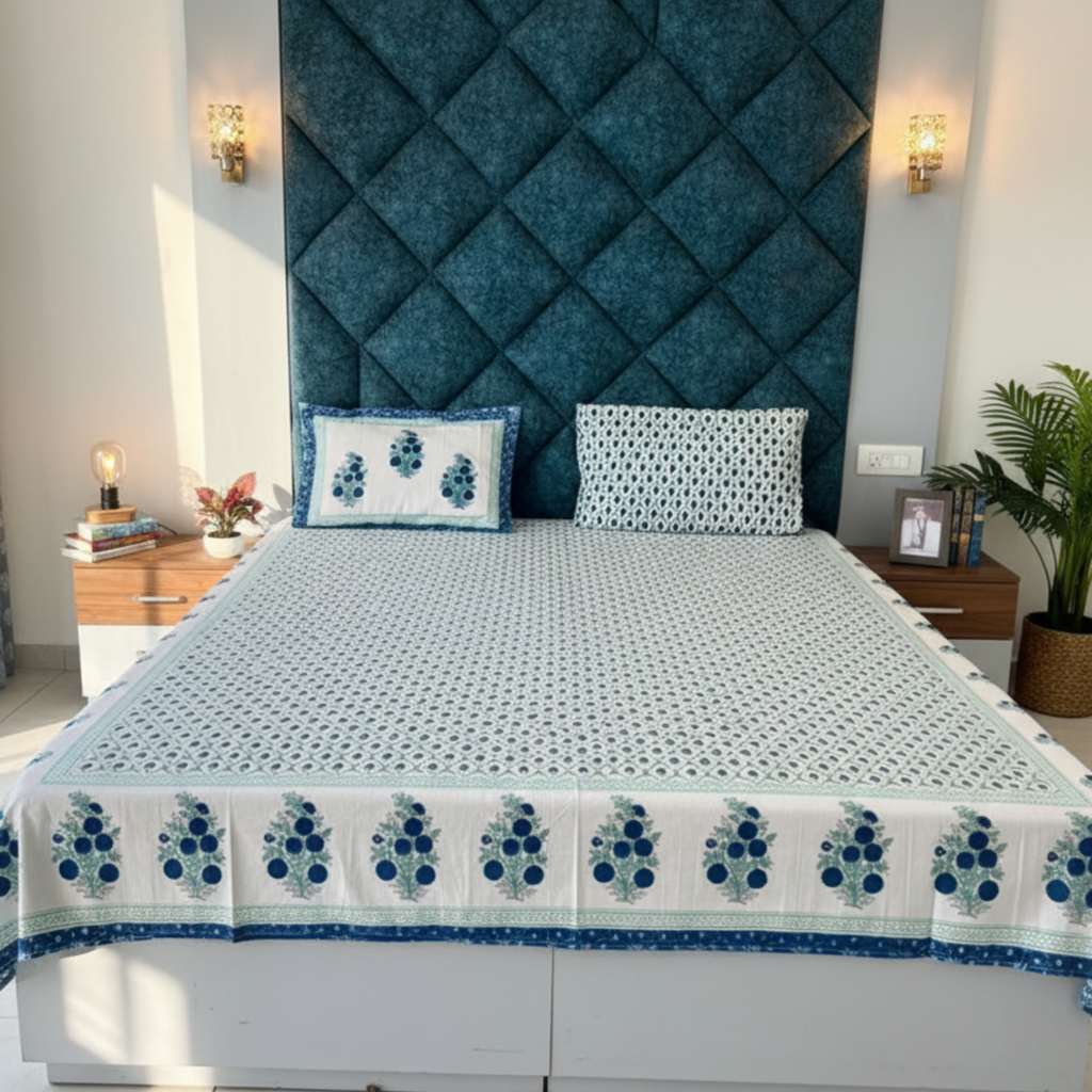 Blue Blossom Hand Block Cotton Bed Sheet Bedsheet with Pillow Covers – Double Bed Sheet