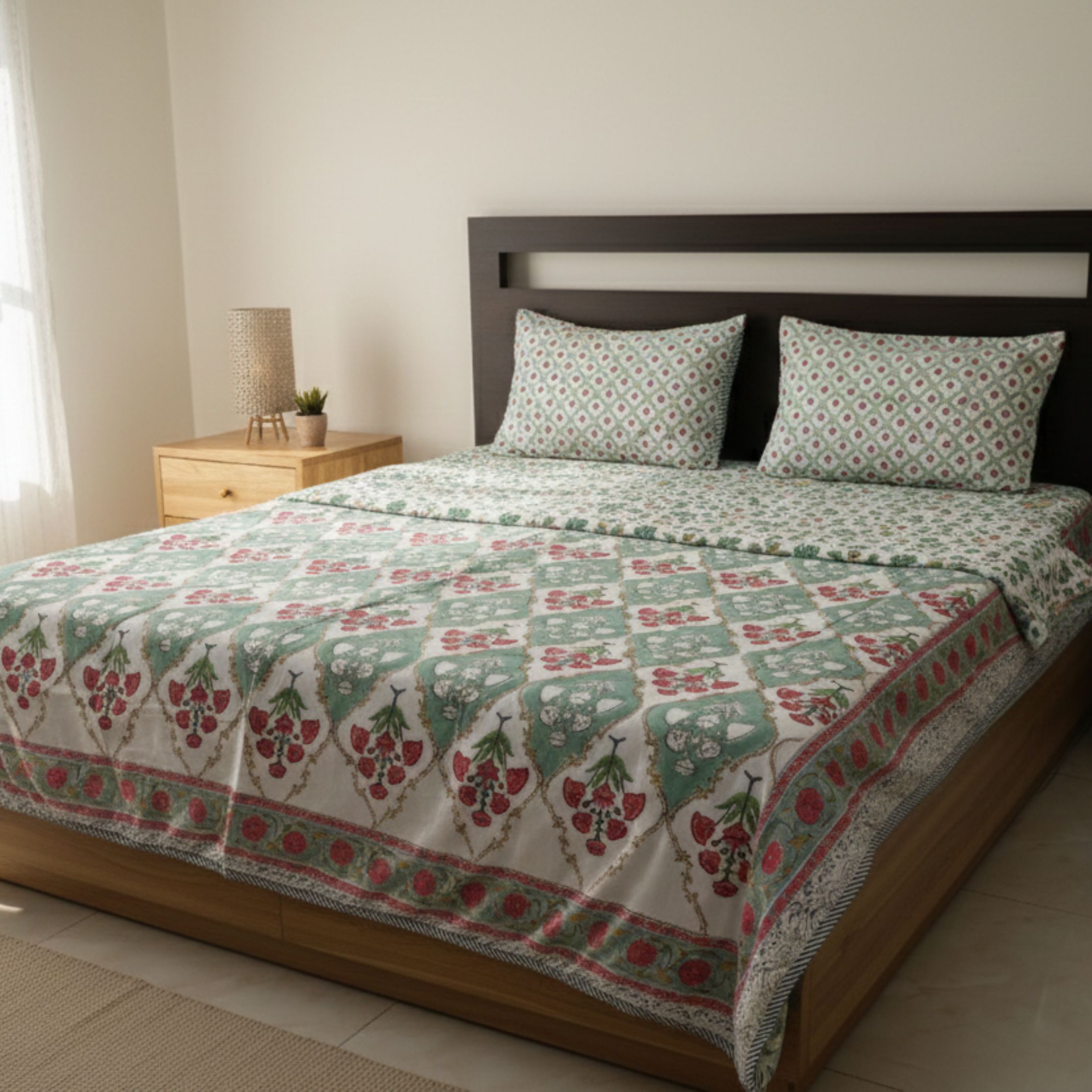 Red & Green Vine Hand Block Cotton Mulmul Reversible Dohar Double Bed