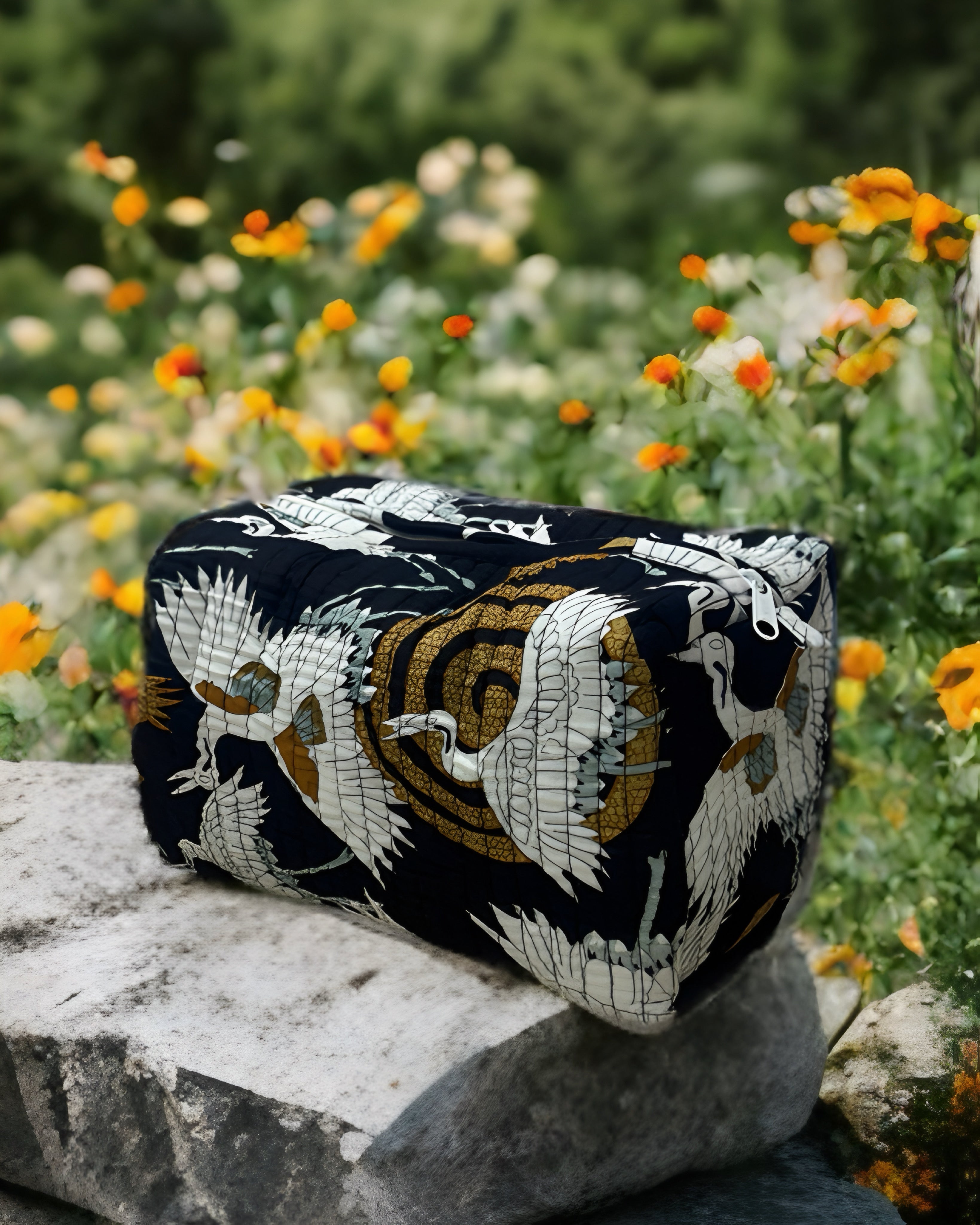 Navy Blue Crane Print Quilted Travel Bag Set