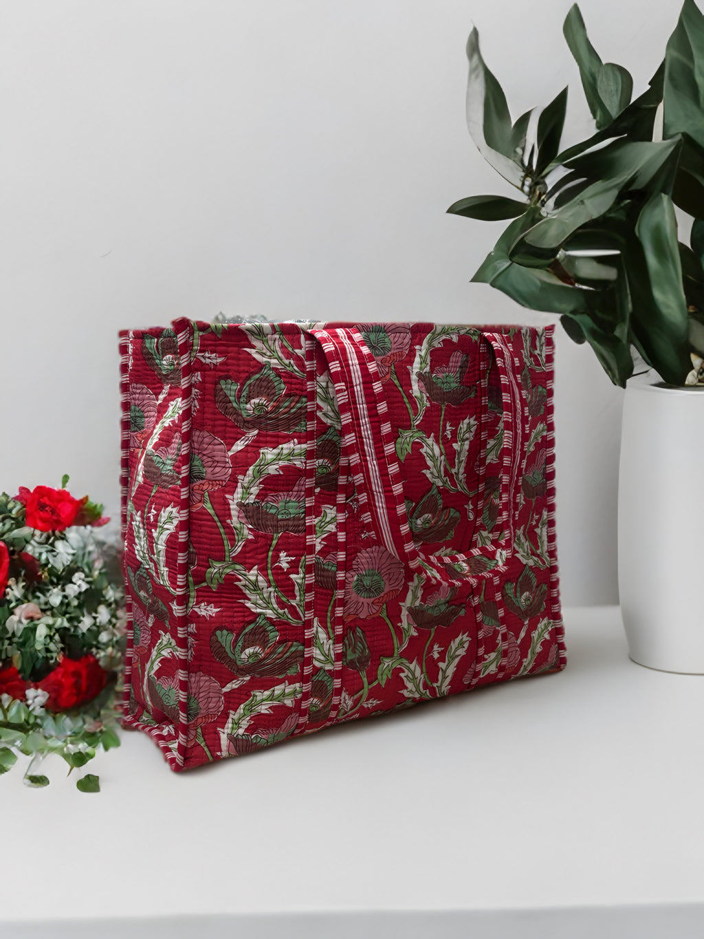 Red Floral Hand Block Quilted Tote Bag