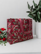 Red Floral Hand Block Quilted Tote Bag