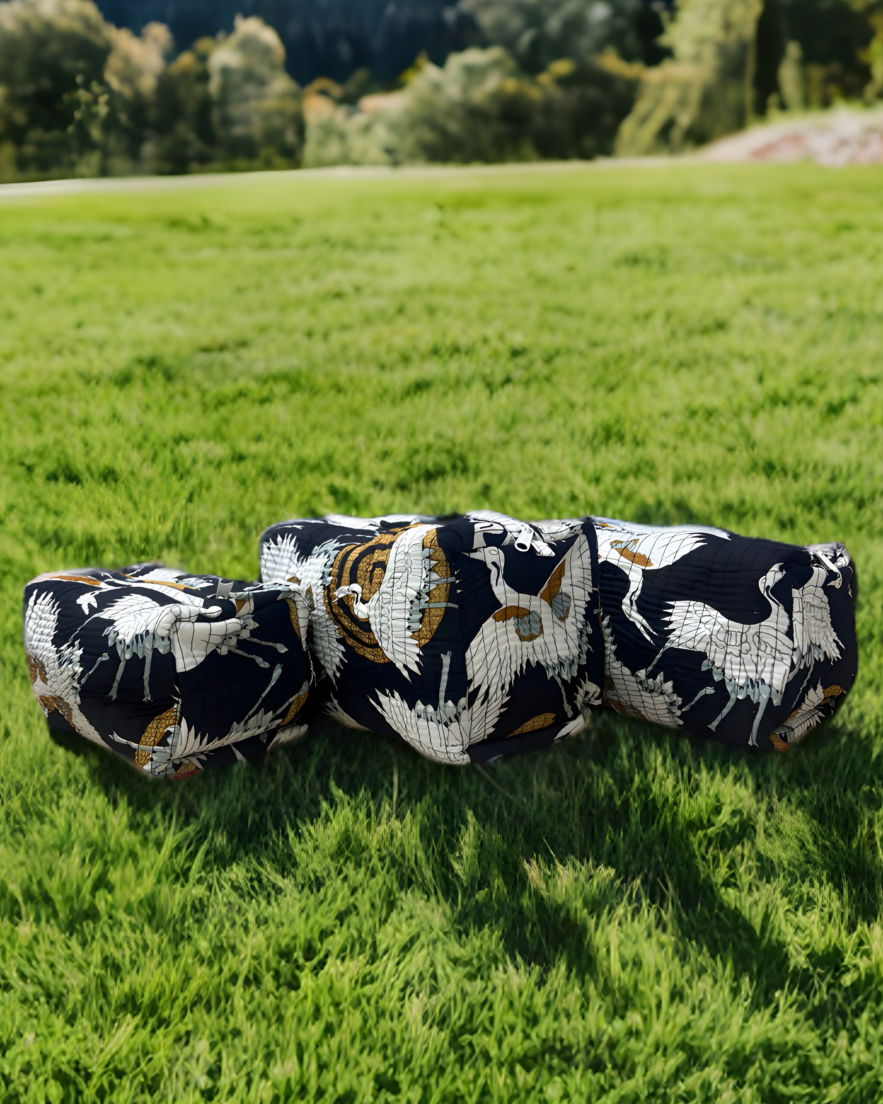 Navy Blue Crane Print Quilted Travel Bag Set
