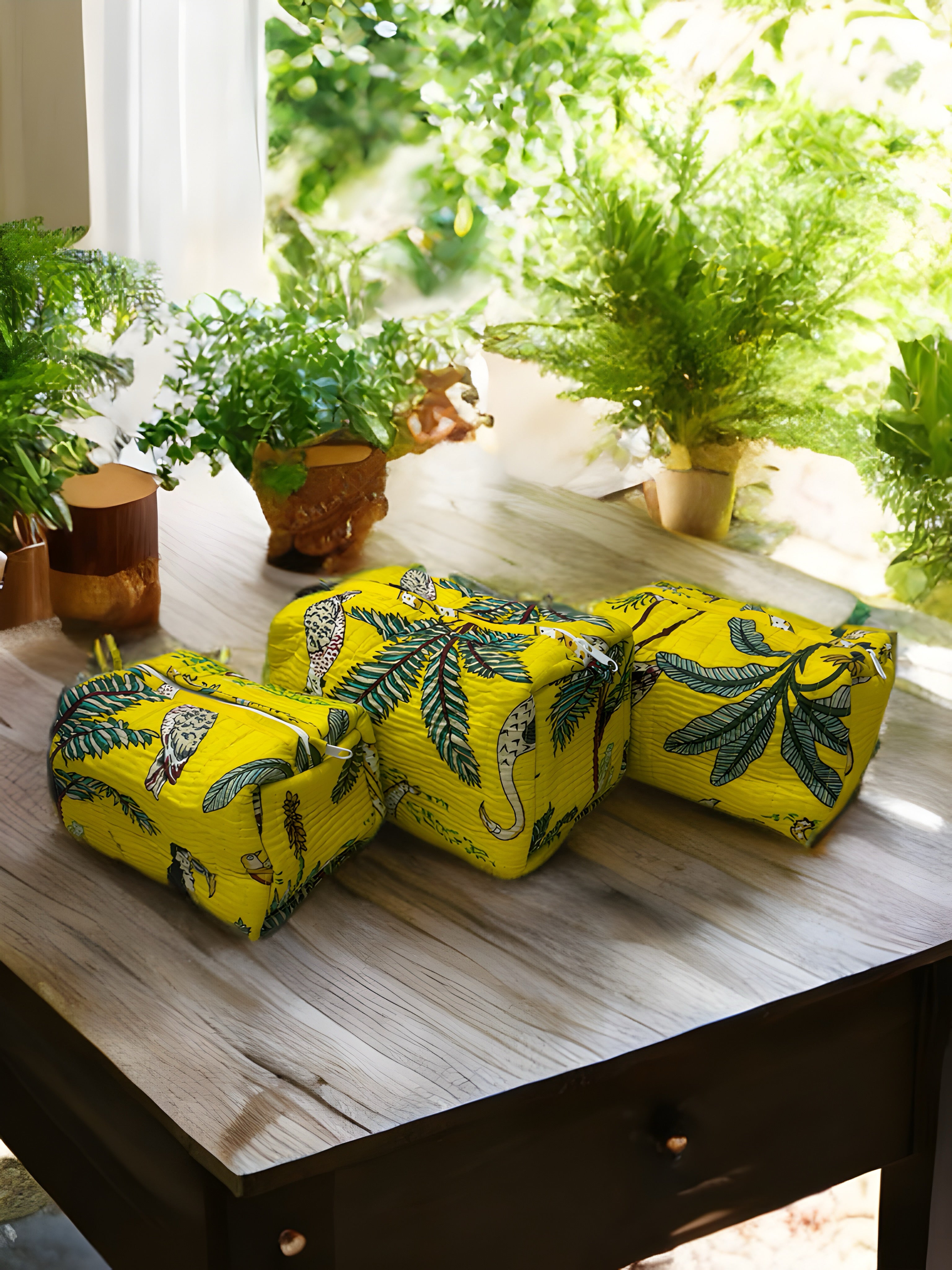 Yellow Tropical Jungle Print Quilted Travel Bag Set