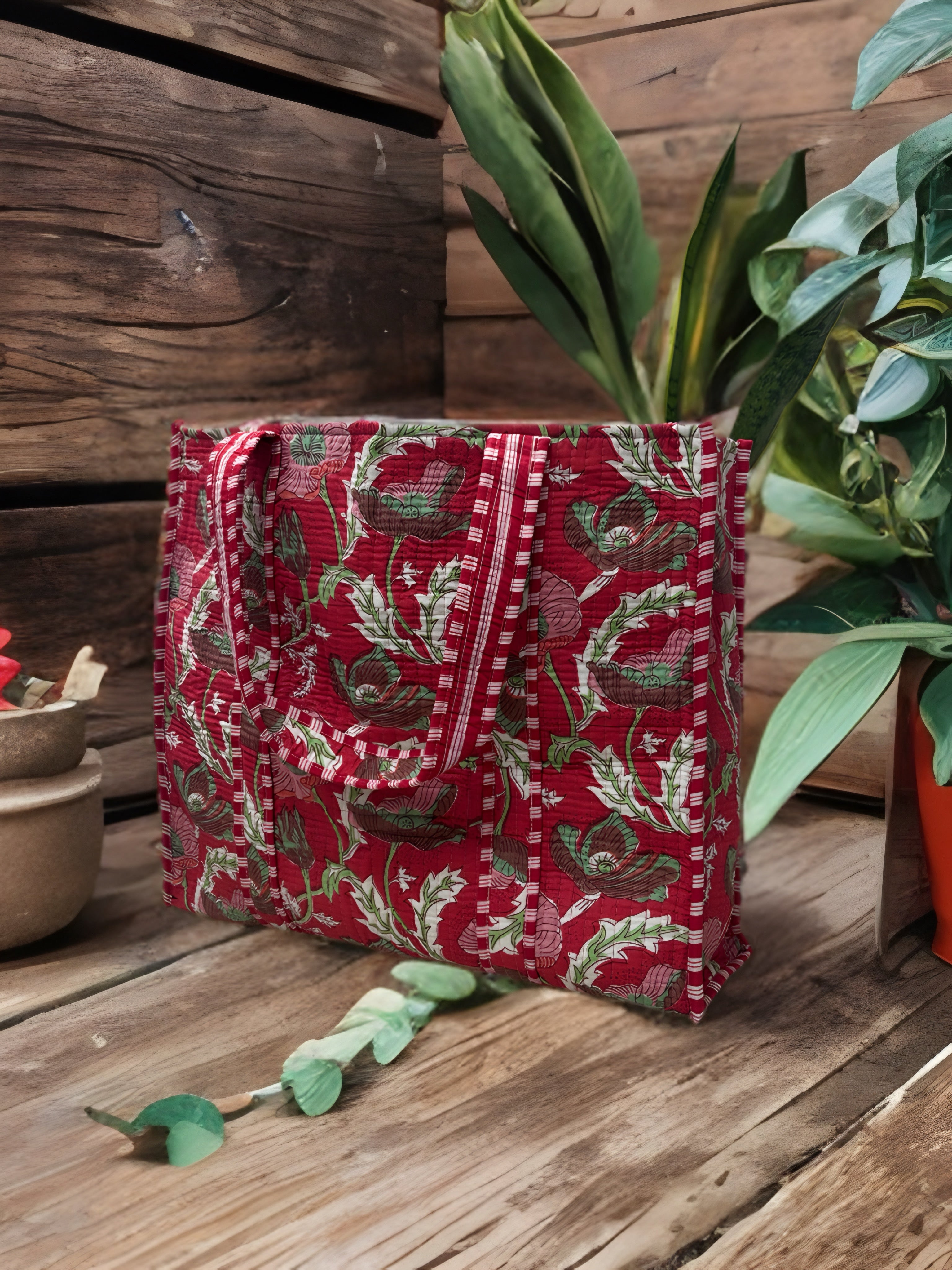Red Floral Hand Block Quilted Tote Bag