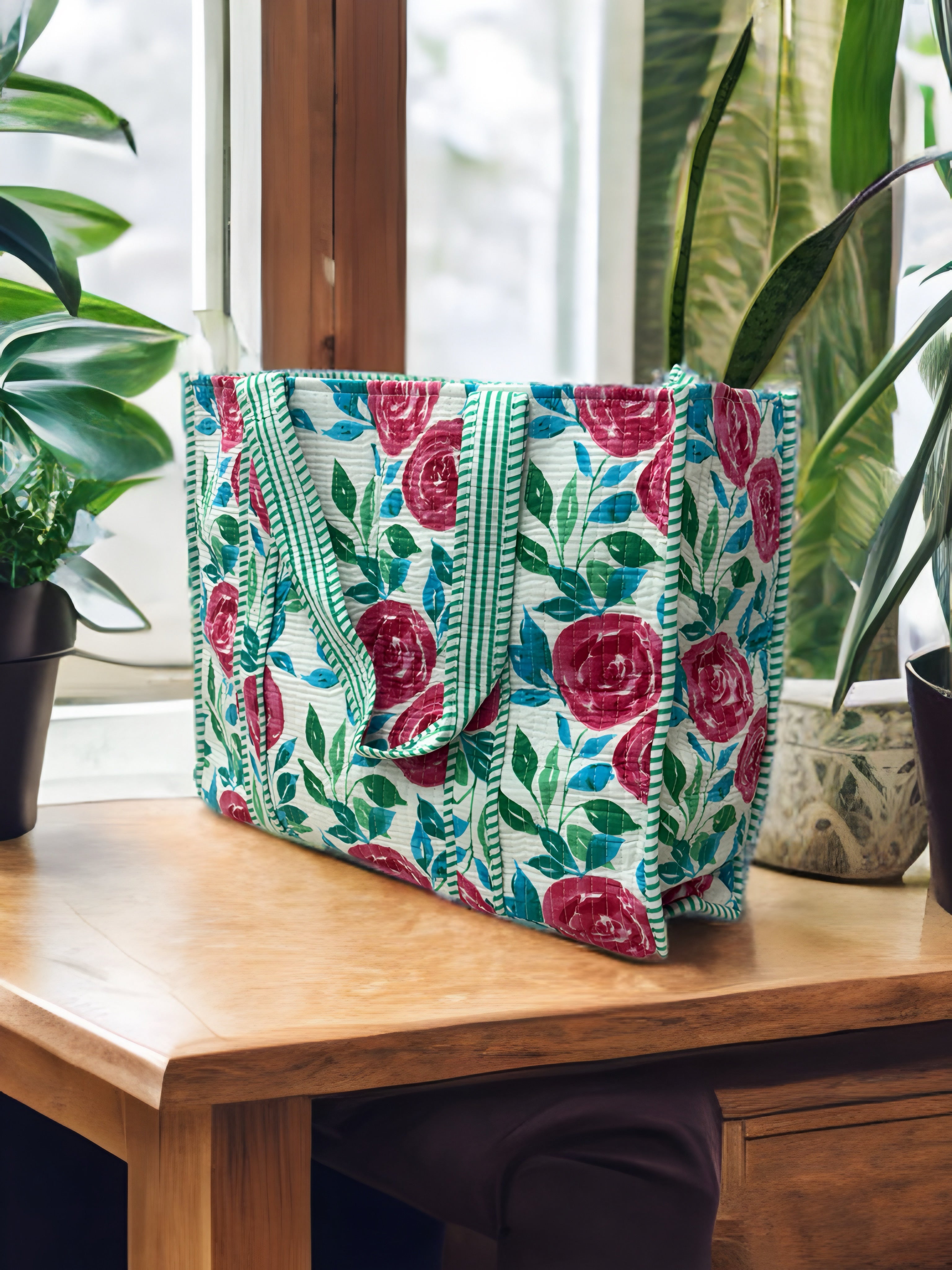 White & Green Floral Quilted Tote Bag