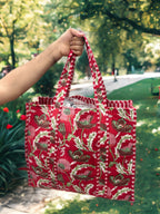 Red Floral Hand Block Quilted Tote Bag