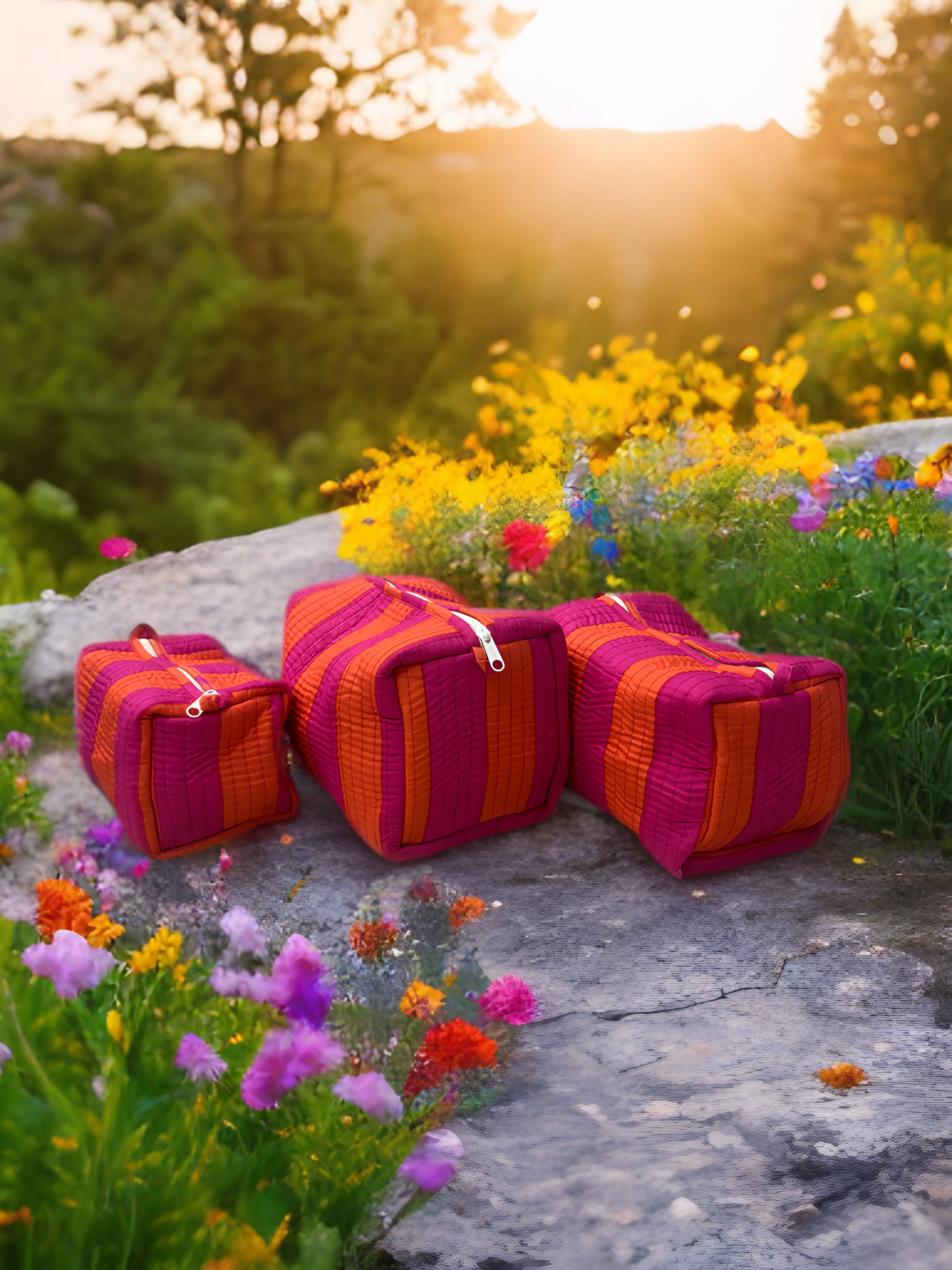 Pink & Orange Striped Quilted Travel Bag Set