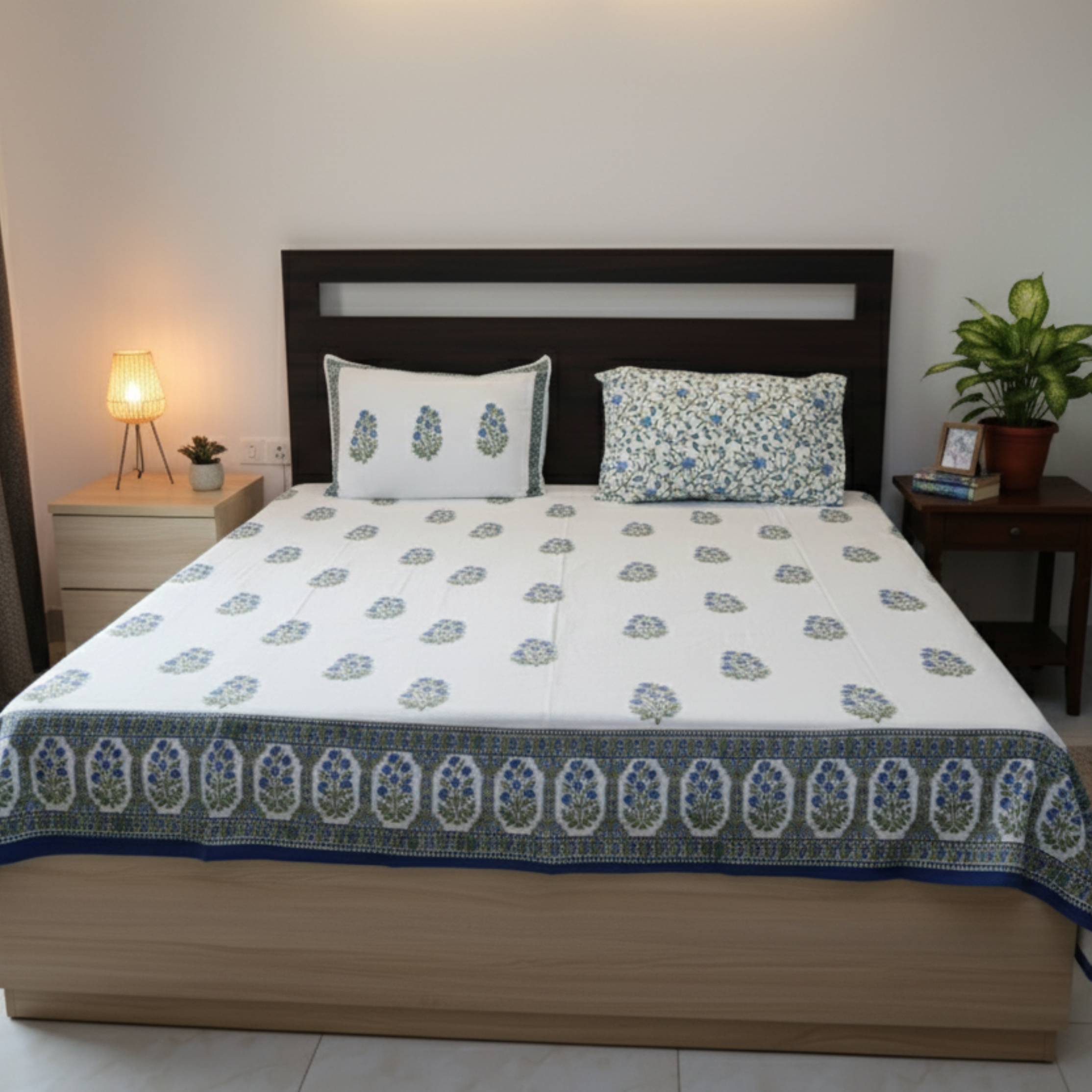 White & Blue Floral Buta Hand Block Cotton Bed Sheet with Pillow Cover ...