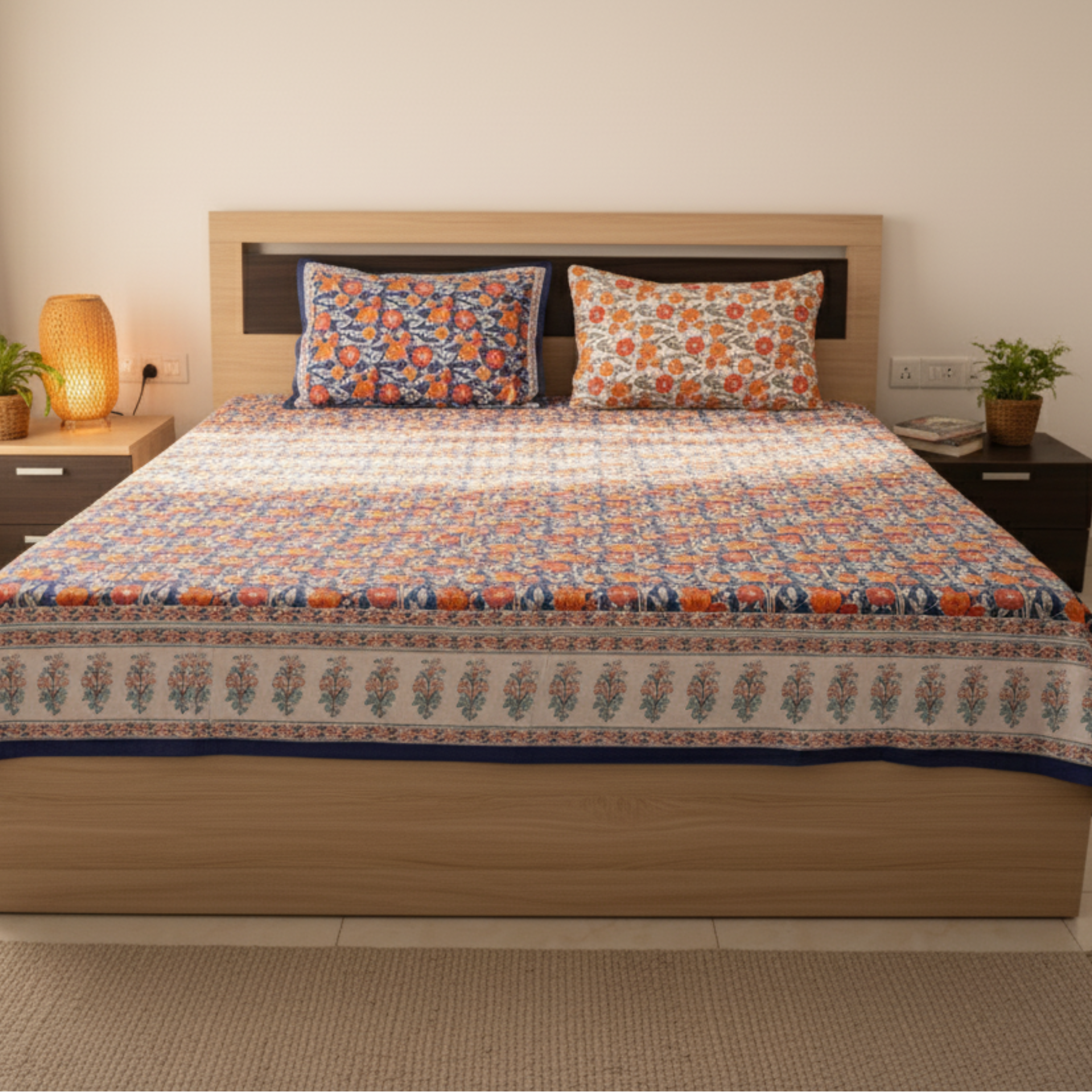 Jaipur Heritage Floral Block Print Double Bed Sheet with Pillow Covers – Red & White