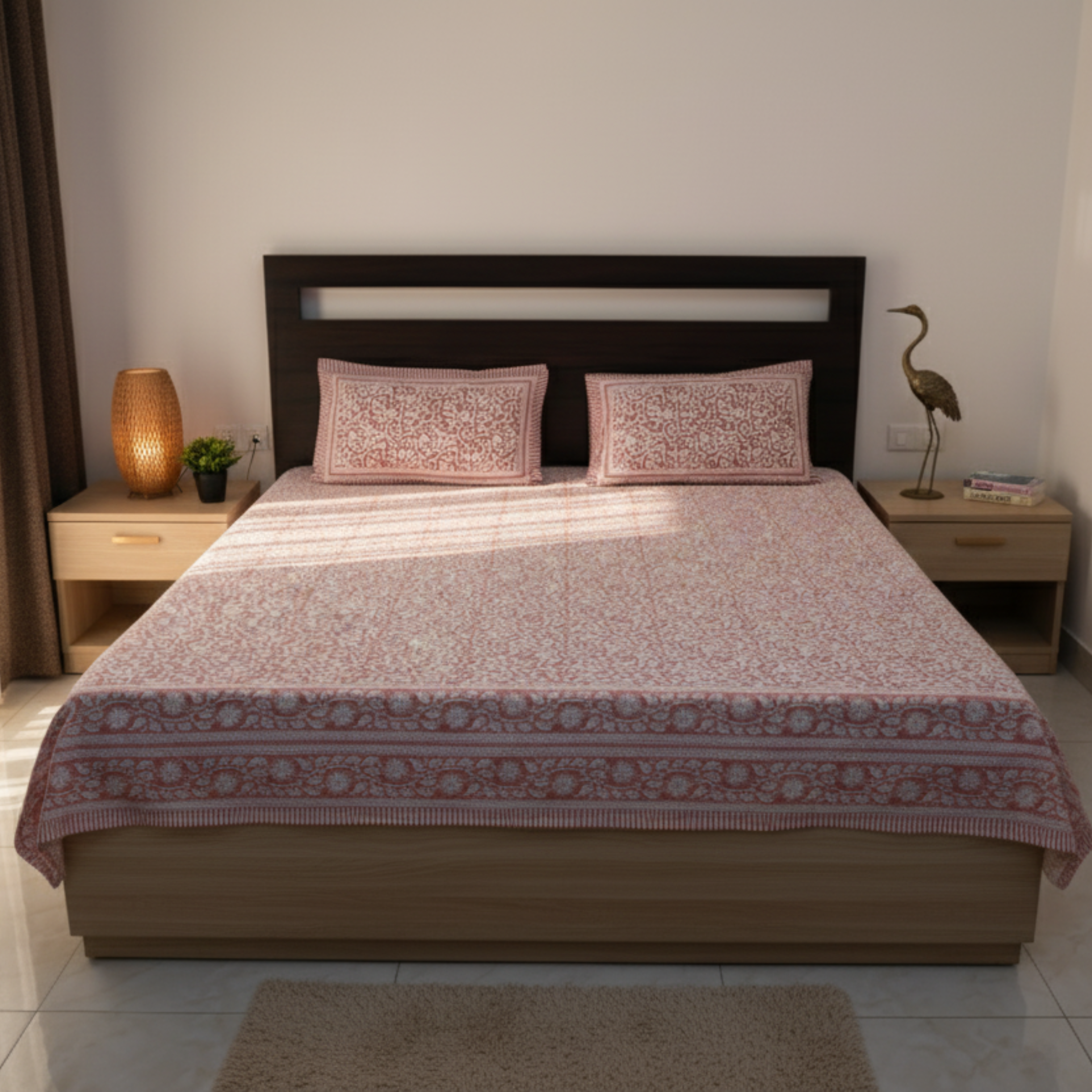 Soft Pink Floral Print Cotton Bedsheet with Pillow Covers – Double Bed Sheet