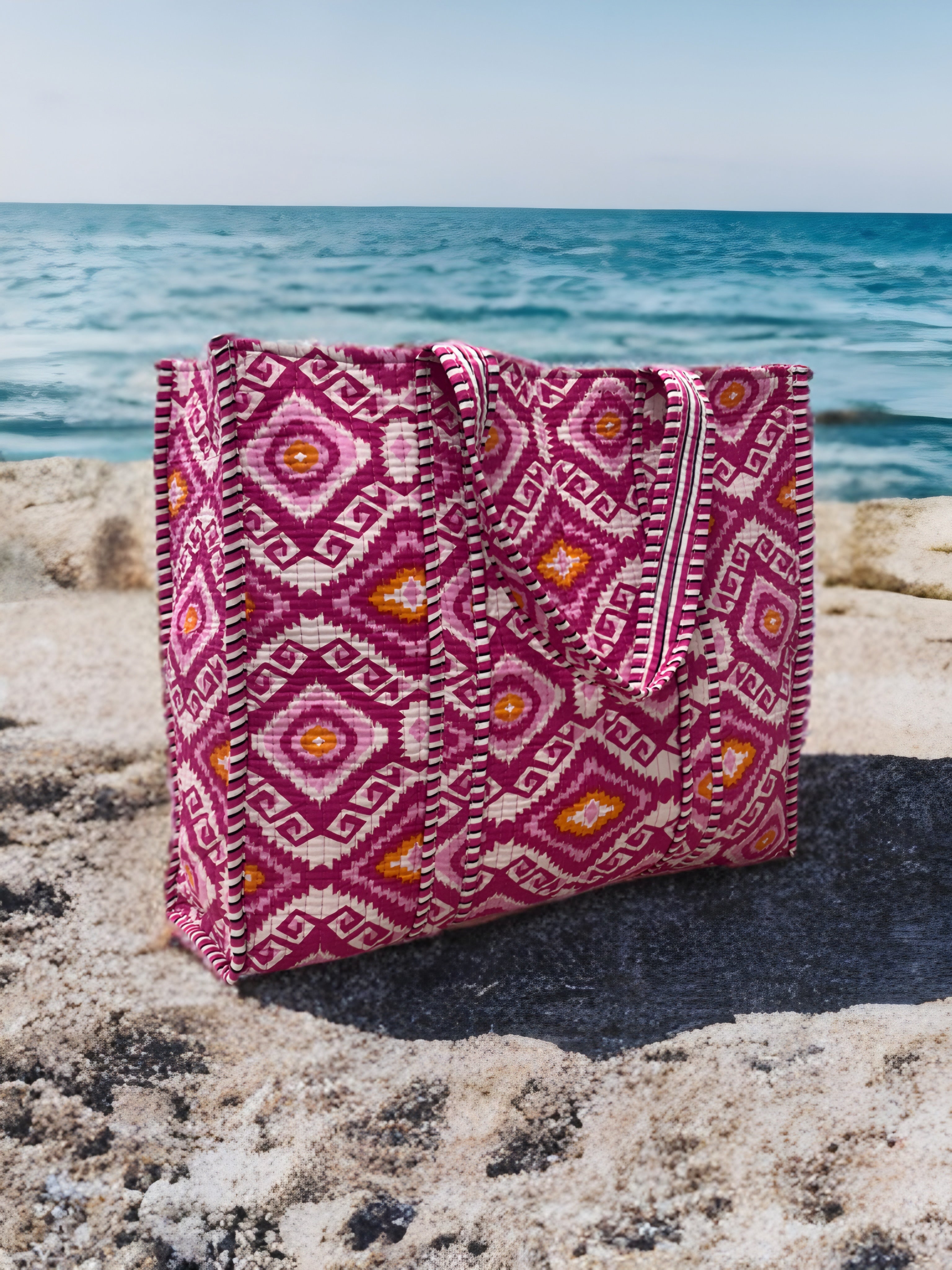 Magenta Ikat Hand Block Quilted Tote Bag