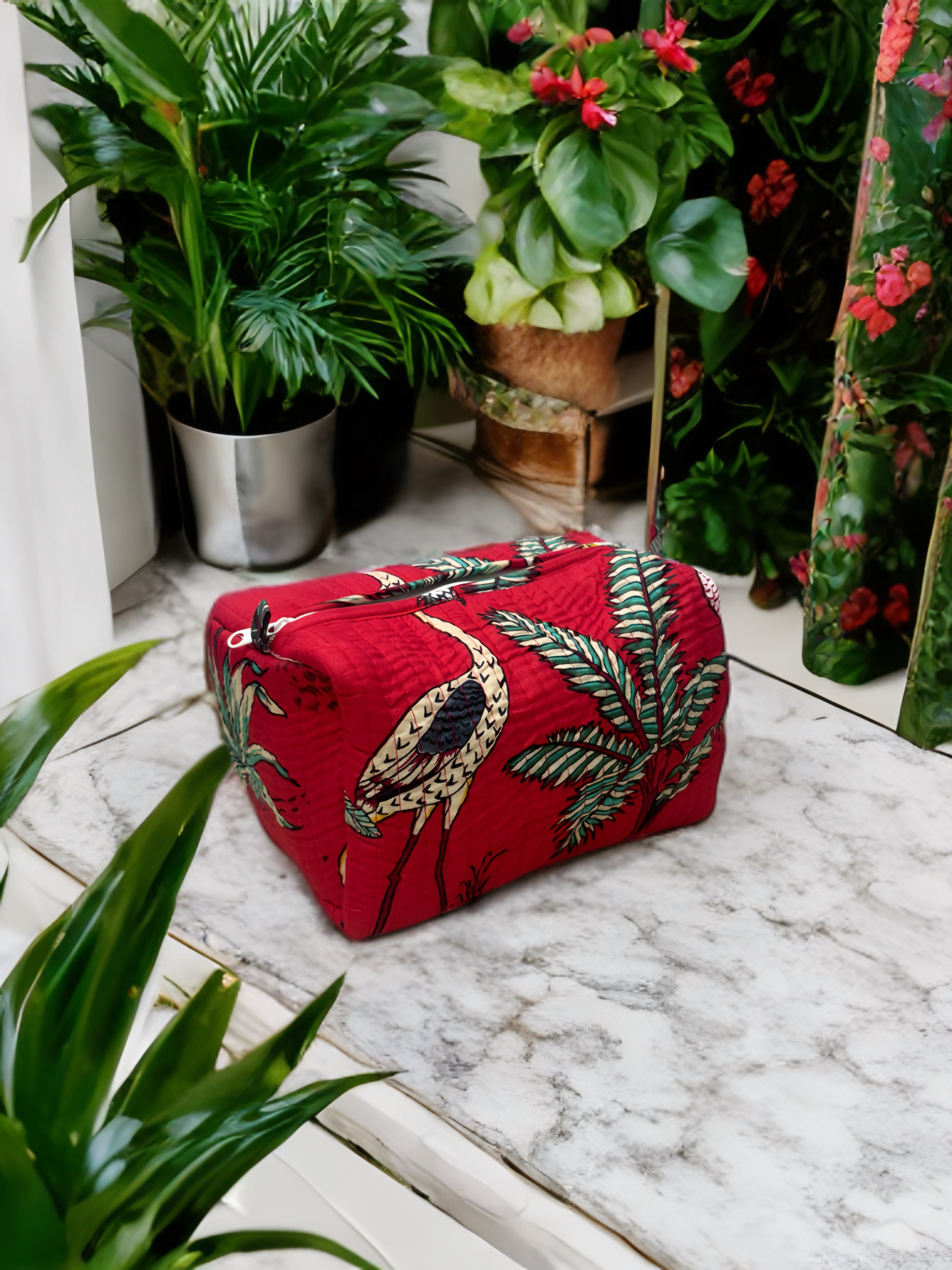 Red Crane Print Quilted Travel Bag Set