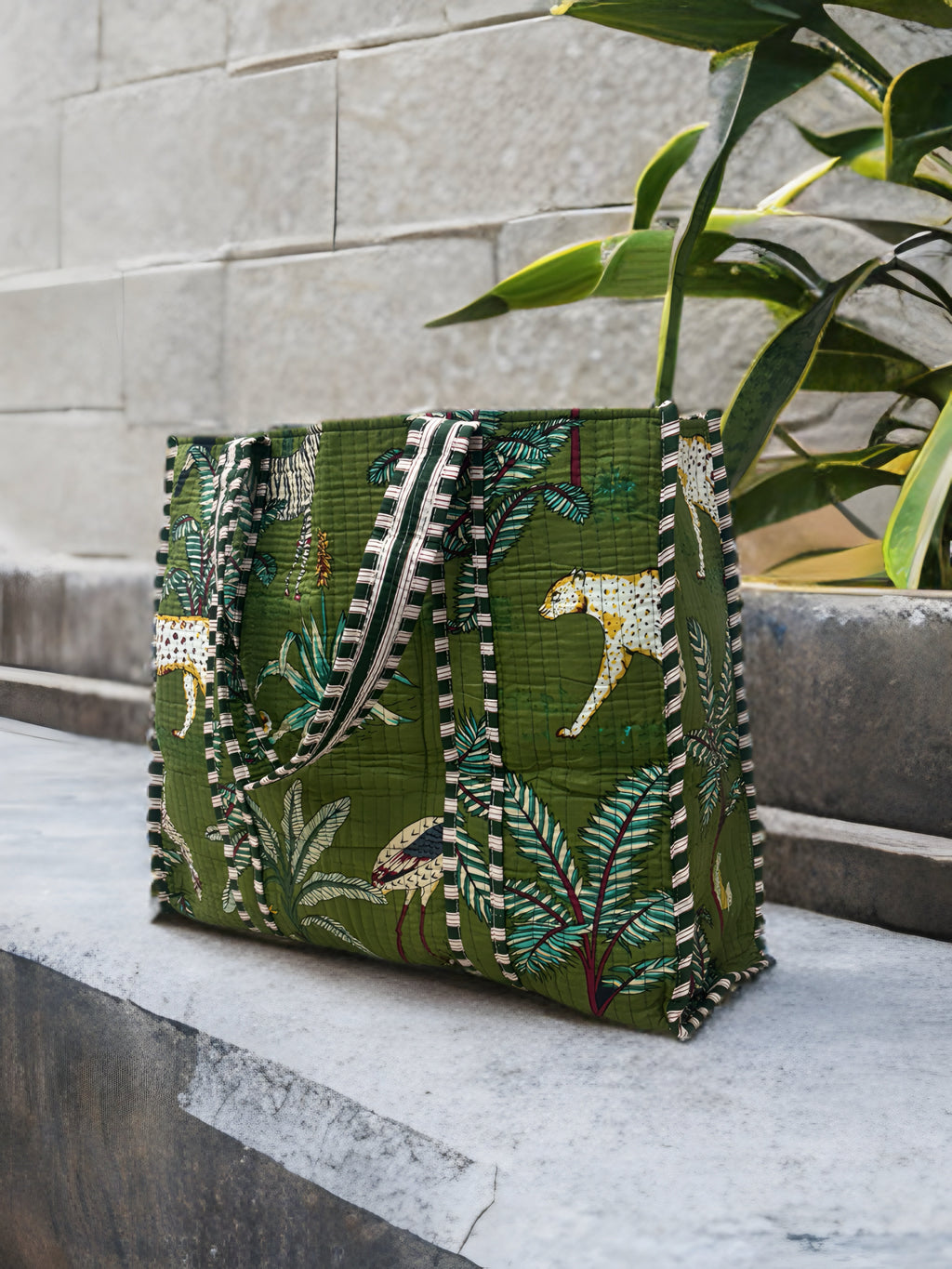 Green Jungle Print Quilted Tote Bag