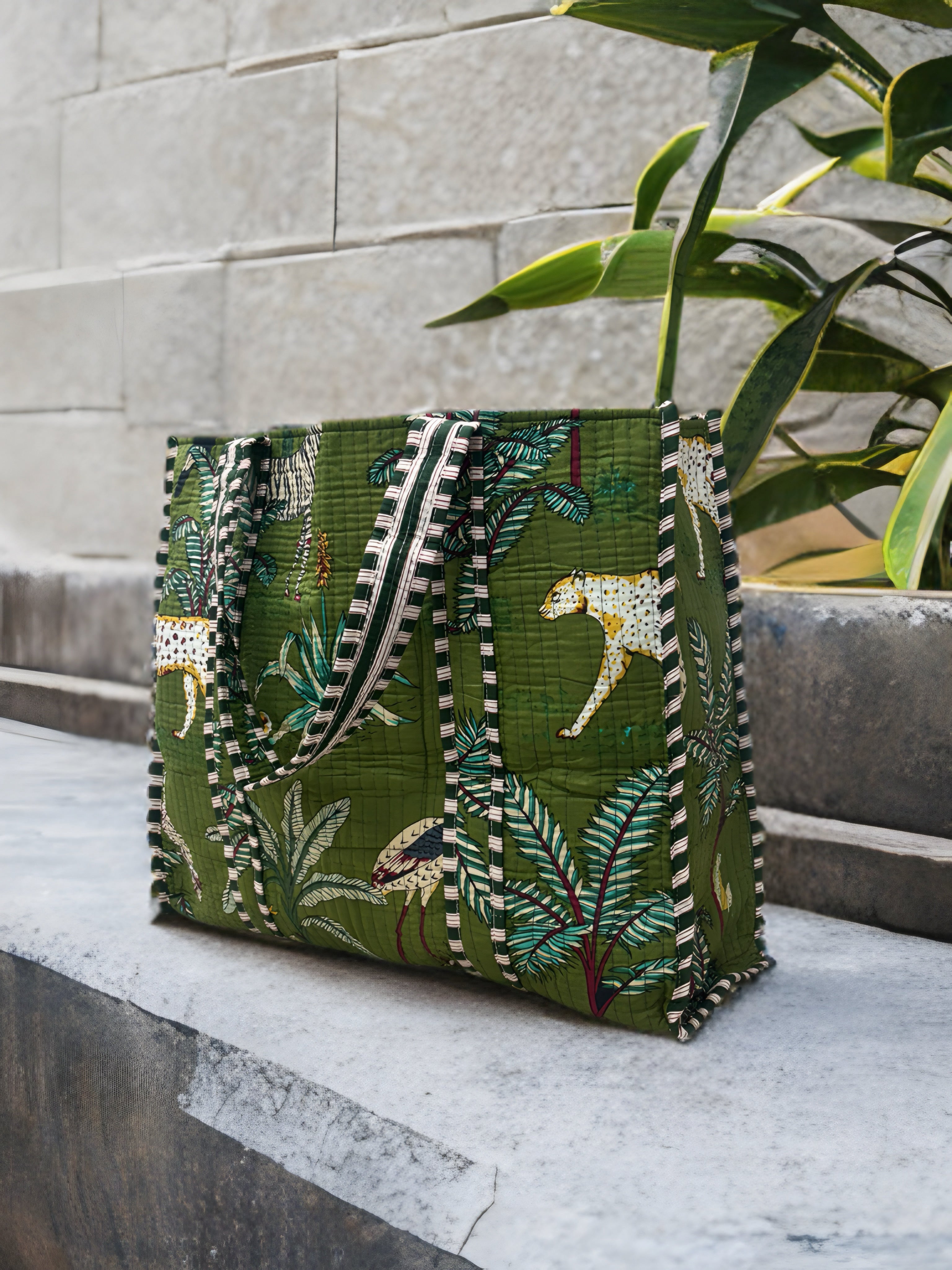 Green Jungle Print Quilted Tote Bag