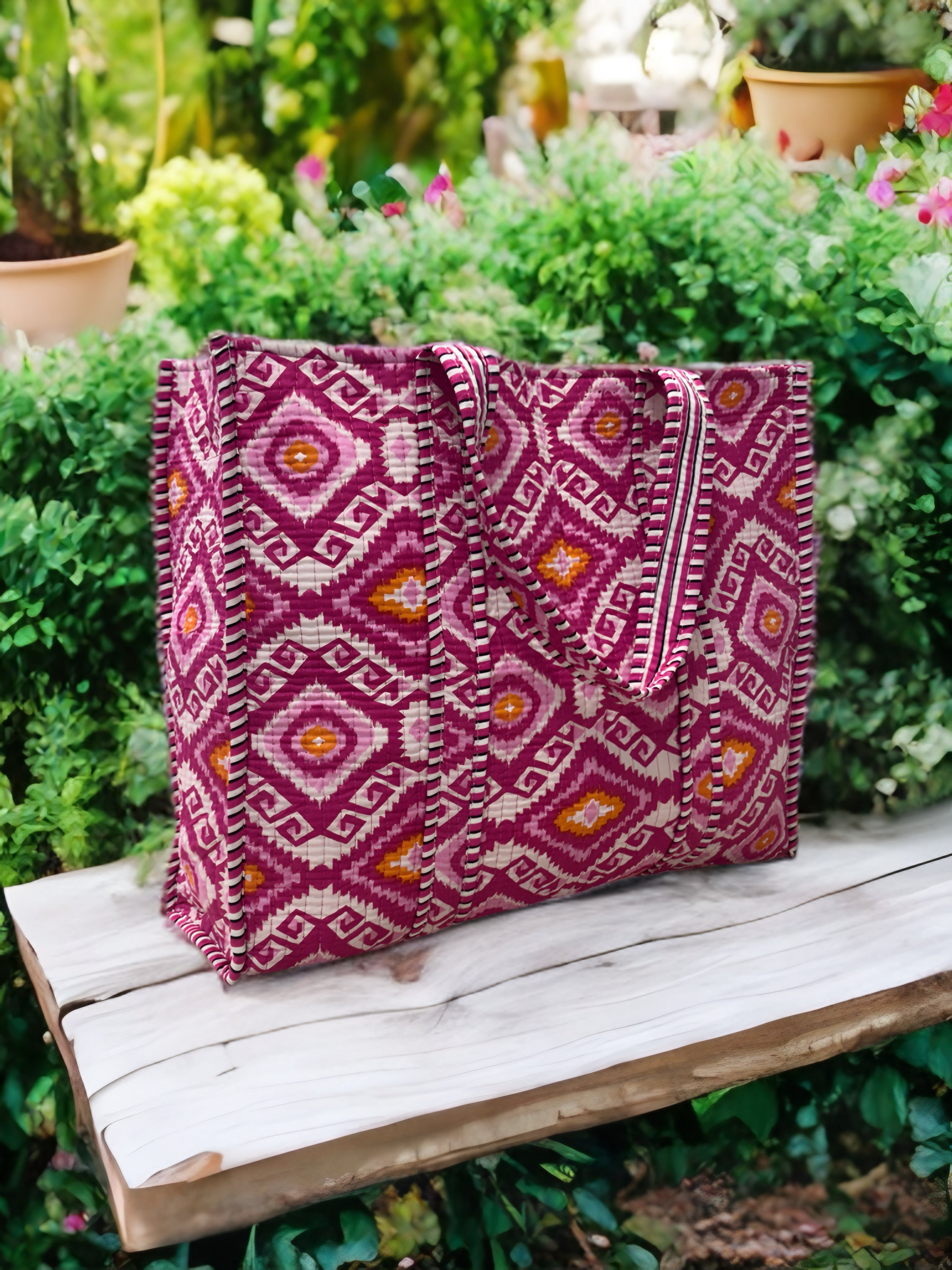 Magenta Ikat Hand Block Quilted Tote Bag