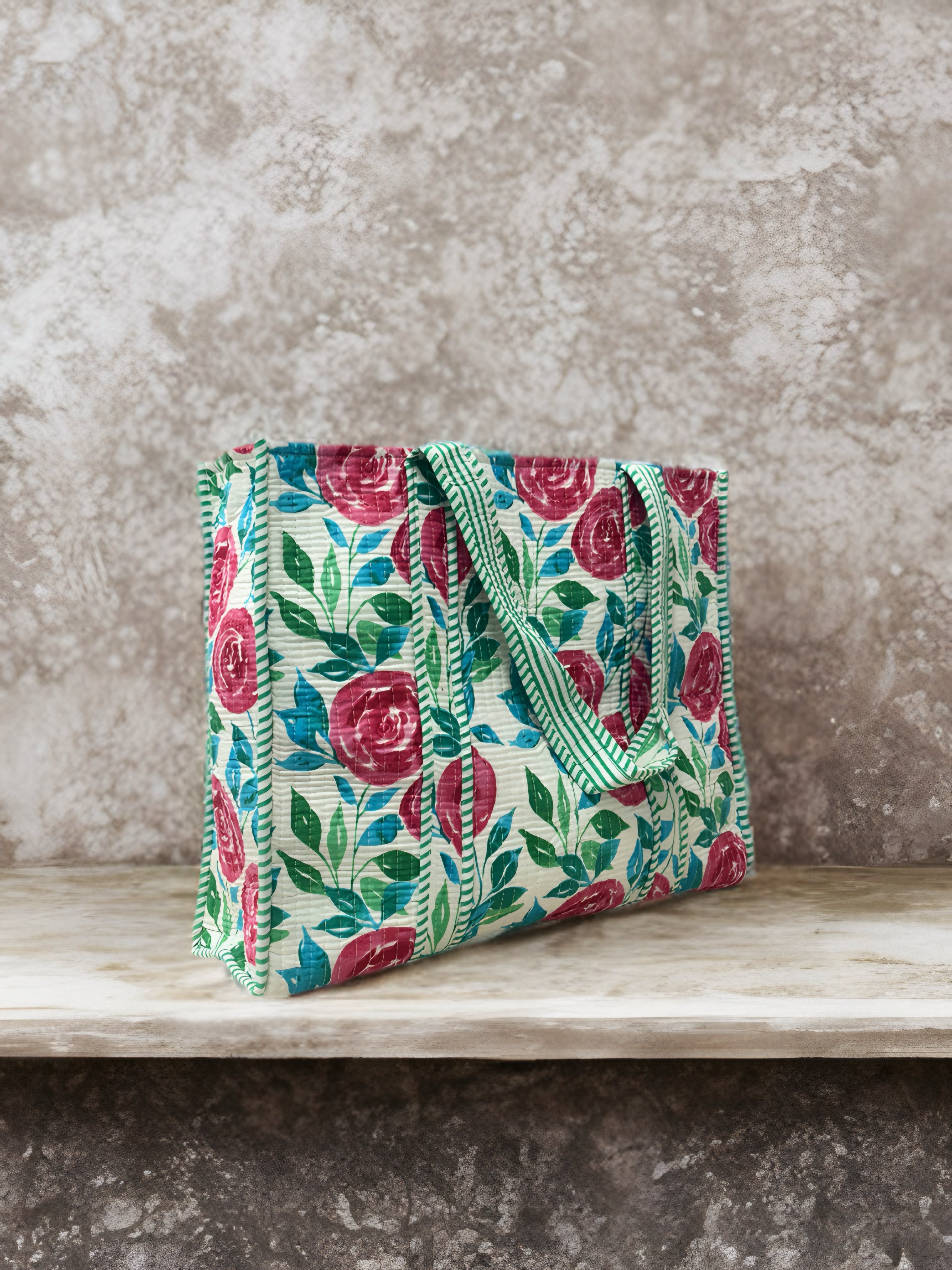 White & Green Floral Quilted Tote Bag