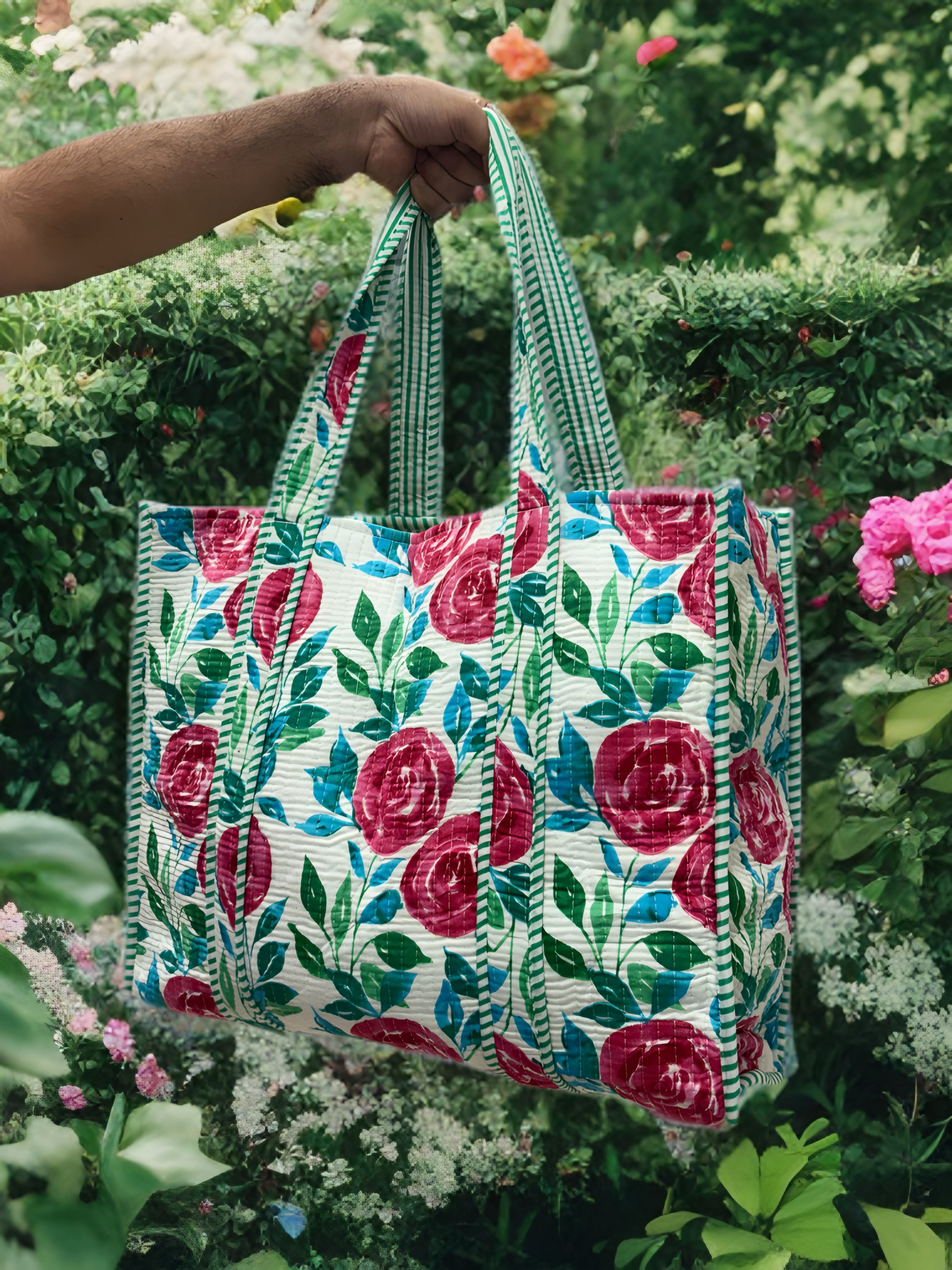 White & Green Floral Quilted Tote Bag