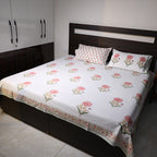 White & Pink Floral Buta Hand Block Cotton Bed Sheet with Pillow Covers – Queen/King Size