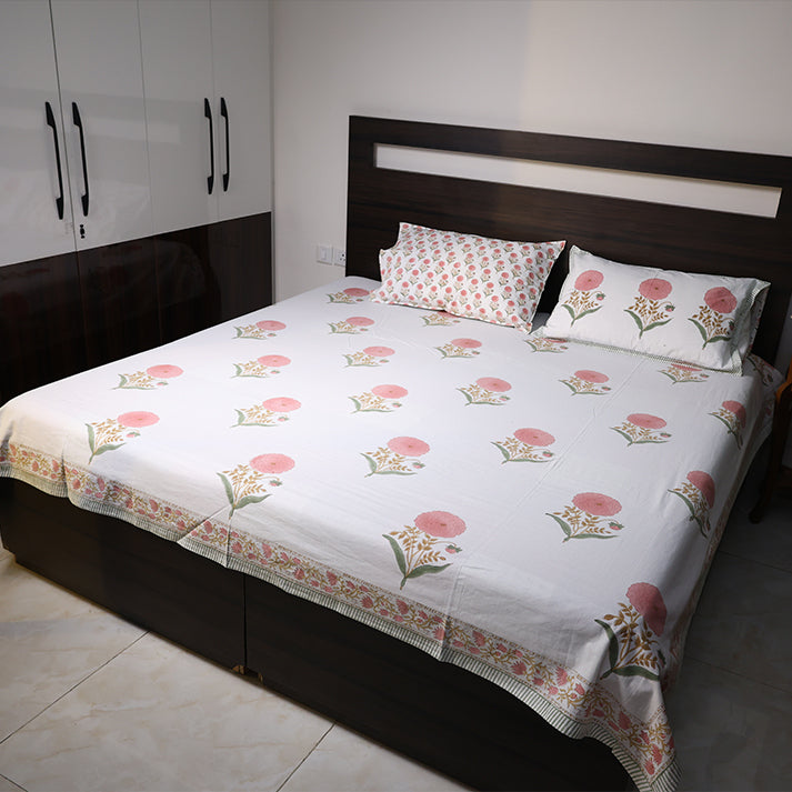 White & Pink Floral Buta Hand Block Cotton Bed Sheet with Pillow Covers – Queen/King Size