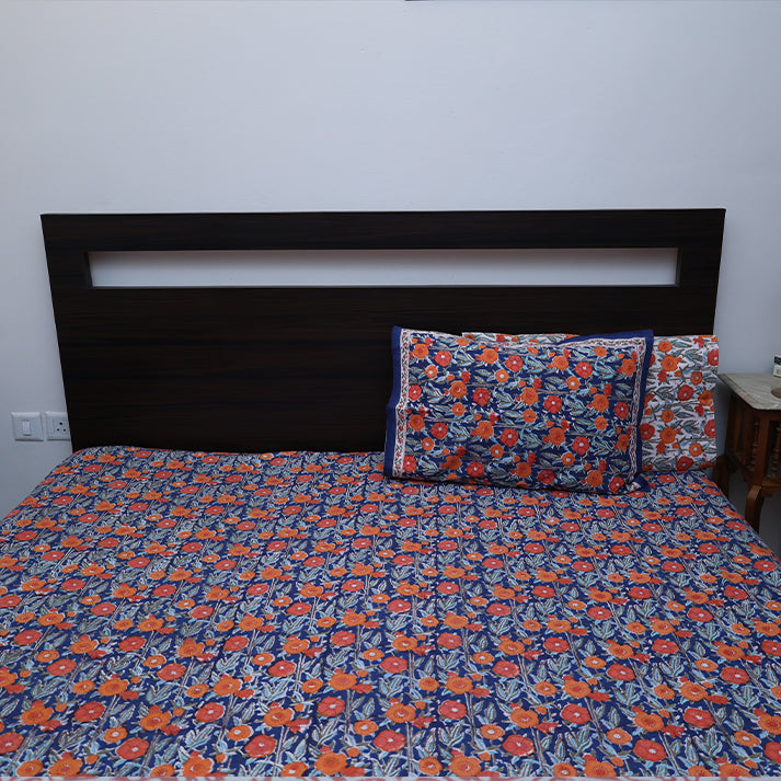 Jaipur Heritage Floral Block Print Double Bed Sheet with Pillow Covers – Red & White