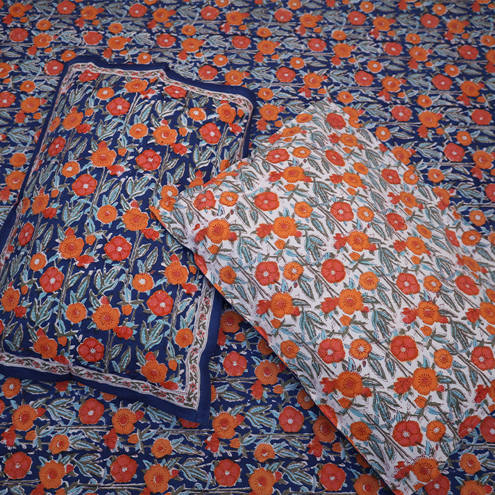 Jaipur Heritage Floral Block Print Double Bed Sheet with Pillow Covers – Red & White