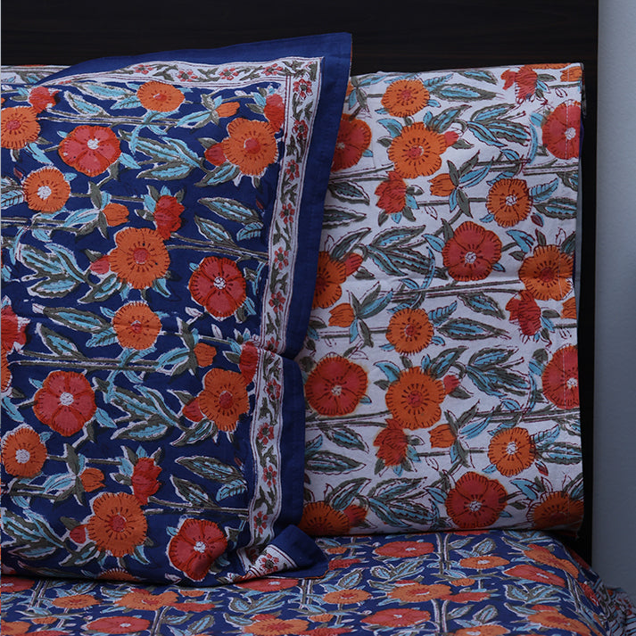 Jaipur Heritage Floral Block Print Double Bed Sheet with Pillow Covers – Red & White
