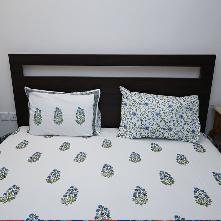 White & Blue Floral Buta Hand Block Cotton Bed Sheet with Pillow Covers – Queen/King Size