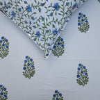 White & Blue Floral Buta Hand Block Cotton Bed Sheet with Pillow Covers – Queen/King Size
