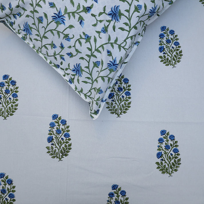 White & Blue Floral Buta Hand Block Cotton Bed Sheet with Pillow Covers – Queen/King Size