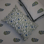 White & Blue Floral Buta Hand Block Cotton Bed Sheet with Pillow Covers – Queen/King Size