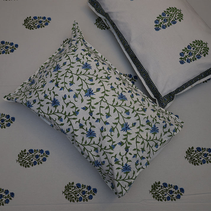 White & Blue Floral Buta Hand Block Cotton Bed Sheet with Pillow Covers – Queen/King Size