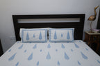 White & Sky Blue Cypress  Cotton Bed Sheet with Pillow Covers- Double Bed Sheet