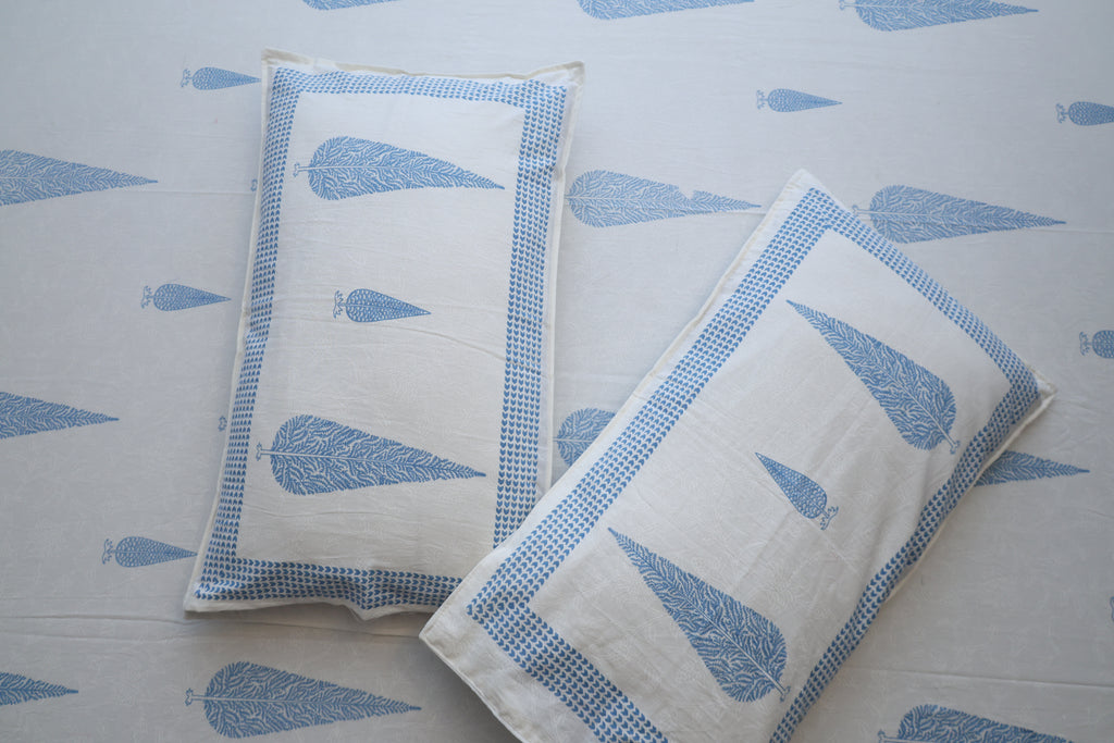 White & Sky Blue Cypress  Cotton Bed Sheet with Pillow Covers- Double Bed Sheet